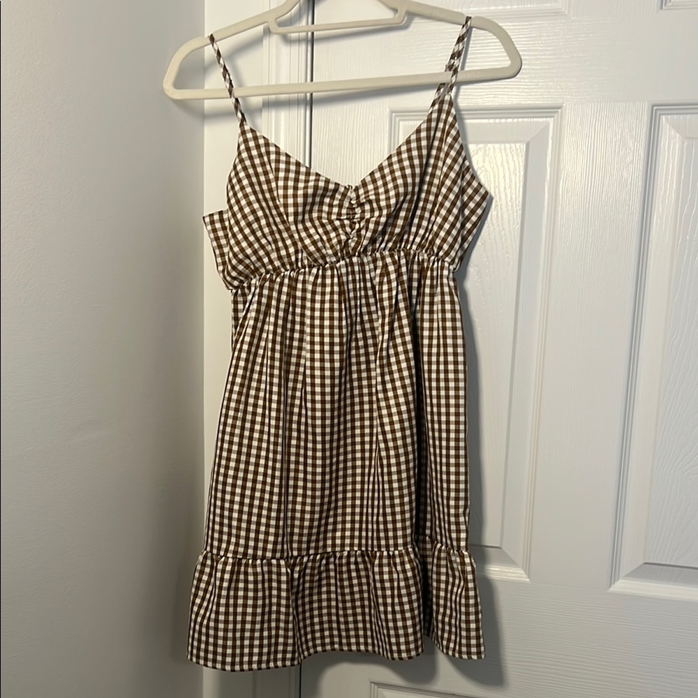 Speechless Brown and White Ruffled Tie Front Sundress